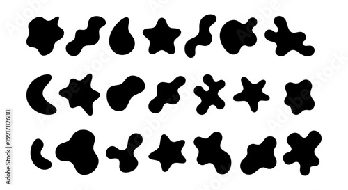 Abstract organic blob shapes, set of 21 black liquid silhouettes, minimalist amoeba and pebble vector elements for modern branding and graphic design