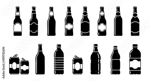 Black beverage bottle icons set, 17 glass beer bottles and aluminum cans vector silhouettes, liquid container packaging symbols for bar menu