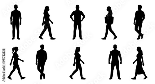 Black silhouettes of people walking and standing, set of 10 diverse human figures in various poses, flat vector icons of men and women