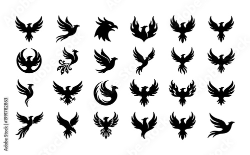 Phoenix bird silhouette icons, 24 mythical firebird vector symbols, black eagle and hawk heraldry set, flying phoenix logo collection for branding