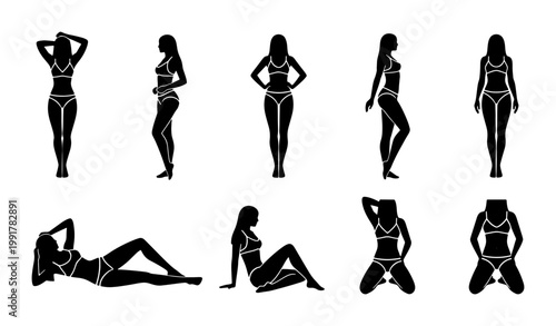 Bikini woman silhouette collection, set of 9 female figures in swimwear, black vector icons of girls in lingerie posing for fashion and beauty