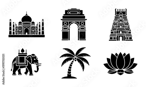Indian culture icons set, black silhouette landmarks and symbols of India, collection of 6 vector graphics for travel and tourism design