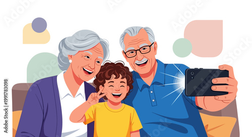 Happy Grandparents and Child Taking a Selfie Together.