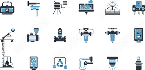 Modern agricultural and irrigation technology equipment icons Vector
