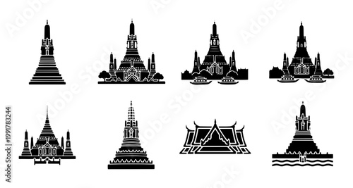 Thai temple silhouette collection, 8 black Buddhist pagoda icons. Traditional Thailand landmark vector set for travel and cultural design projects.