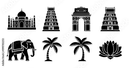 Indian landmark icons set, black silhouette travel symbols of India, 8 vector elements including temple architecture, elephant, palm trees and lotus flower