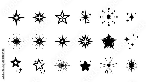 Sparkle star icon set, black celestial twinkle vector elements, 18 decorative glowing starburst symbols, minimalist magic shine shapes for design