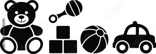 Kids Toys Icons Set Teddy Bear Blocks Ball Rattle Car Silhouette Vector Collection