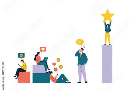 Business people using digital devices and social media icons, flat vector illustration