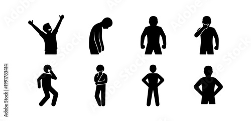 Human body language silhouettes, set of 8 icons showing various emotions and poses, black stick figure people expressing feelings and physical states