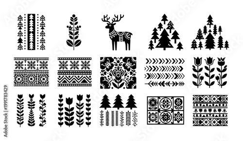 Scandinavian folk art vector set, 15 black and white Nordic ornaments, traditional floral and animal motifs, rustic winter holiday decorative elements