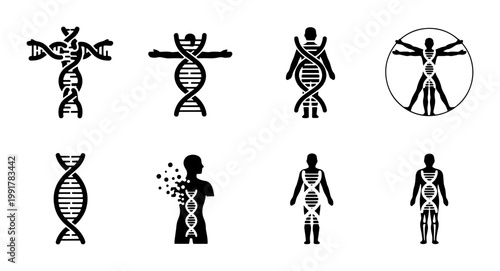 DNA helix and human silhouette icons, genetic engineering and biotechnology symbols, set of 8 black vector illustrations for medical research