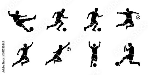 Soccer player silhouettes set, 8 football athlete action poses, black vector icons of men playing soccer, sports competition graphic elements