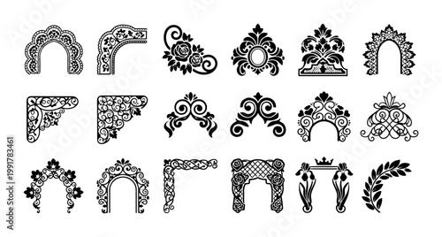 Vintage ornamental corner set, 18 black filigree borders and frames, elegant victorian floral flourishes, decorative scrollwork vector elements