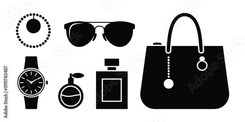 Fashion accessories silhouette handbag sunglasses jewelry and perfume collection