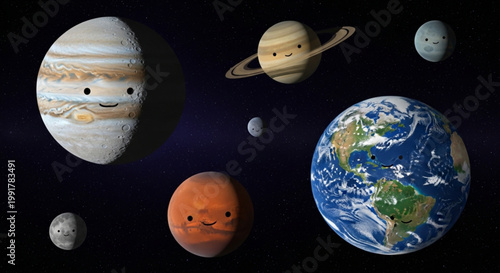 Cute and playful planets with faces floating in a dark space background featuring earth jupiter and saturn