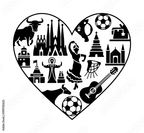 Spanish culture heart silhouette vector, traditional Spain travel icons and landmarks, black and white flamenco dancer and bull symbols