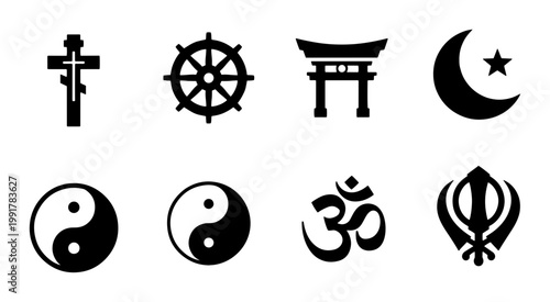 Religious symbols collection, 8 black vector icons of world religions, spiritual faith and belief signs, minimalist sacred emblems for education