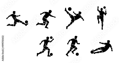 Soccer player silhouettes set, football athlete action poses vector collection, 7 sports figures kicking and dribbling ball icons