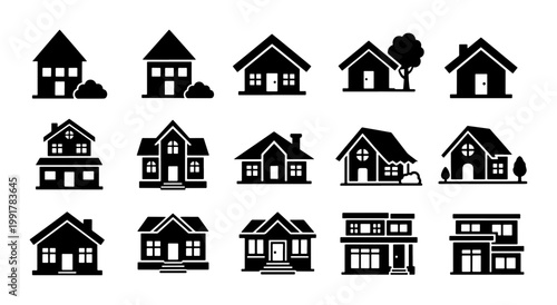 Obraz na płótnie Minimalist house icon set, 15 black residential building silhouettes, modern hom