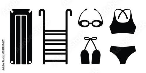 Swimming pool equipment and accessories silhouette collection summer essentials