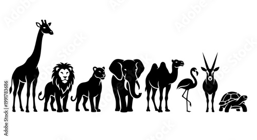 Safari and African Wildlife Silhouette Icon Set Minimalist Black Vector Illustration for Nature Conservation and Zoo Branding