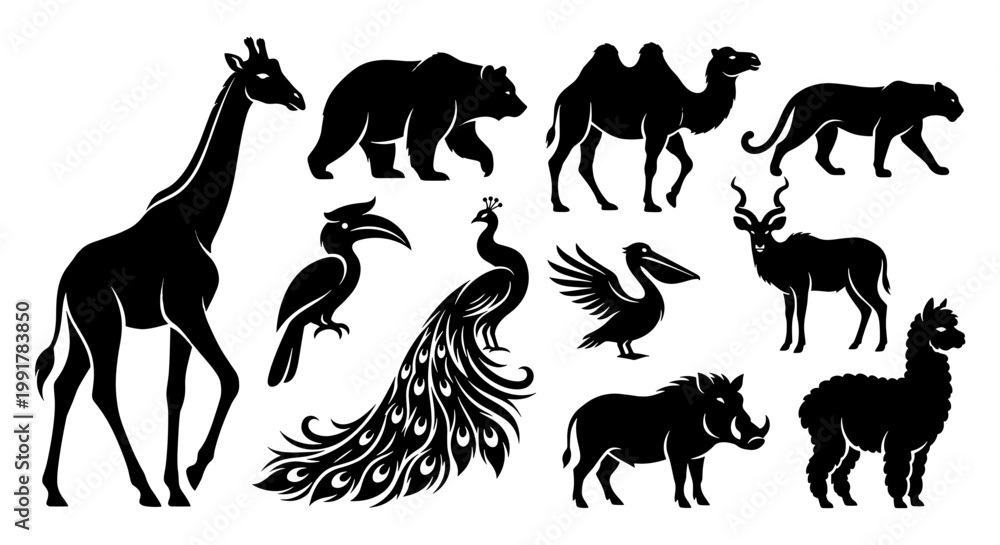 Naklejka premium Global Wildlife and Safari Animal Silhouette Icon Set Minimalist Black Vector Illustration for Nature Conservation and Zoo Branding