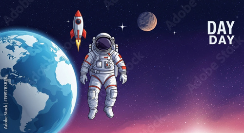Astronaut floating in space with rocket launching beside earth and moon in vibrant cosmic background celebrating exploration