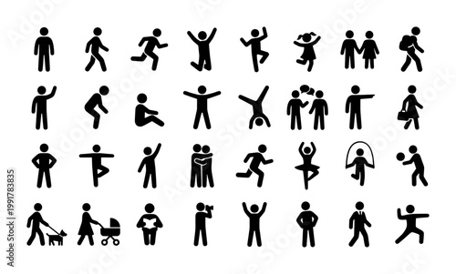 Black stick figure icons set, 32 human silhouette pictograms showing various actions and poses, minimalist people vector symbols for infographics
