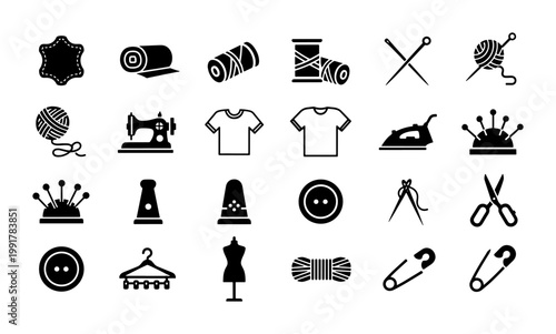 Quadro su tela Tailoring and sewing icons set, 24 black silhouette dressmaking symbols, needlew