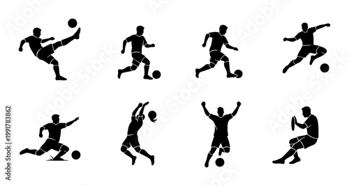 Soccer player silhouettes set, 8 football athlete vector icons, professional soccer players kicking and dribbling ball, black athletic figures on white