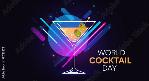 Vibrant martini cocktail with glowing orange slice and neon abstract background celebrating world cocktail day