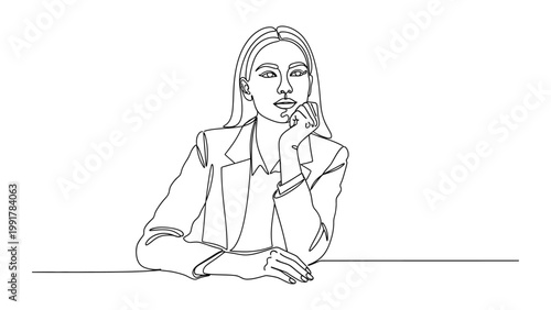 Continuous line drawing of a thoughtful young businesswoman sitting at a desk.