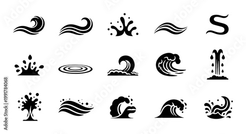 Minimalist water wave icons set, black sea splash and ocean ripple silhouettes, 15 aquatic nature symbols for logo design and web interface