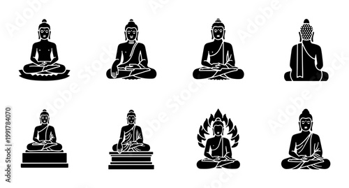 Zen Buddha statue icon set, 8 black silhouette meditation figures, spiritual Buddhist deity vector illustrations for yoga and mindfulness branding