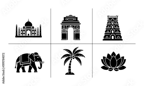 Indian landmark icons set, black silhouette travel symbols of India, 6 vector elements including Taj Mahal and elephant for tourism design