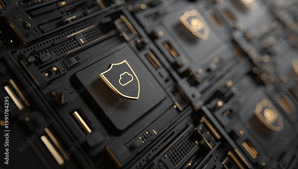 Fototapeta premium Futuristic digital network board with glowing gold cloud shield icons