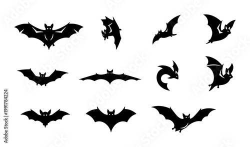 Halloween bat silhouettes set, black flying bat icons collection, spooky nocturnal animal vector elements for holiday party invitations and decor