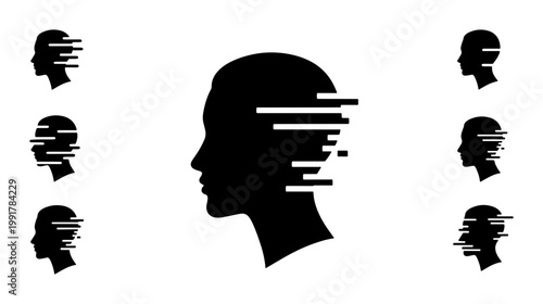 Glitch human head silhouette set, digital profile icons with motion lines, 7 black vector head symbols for mental health and technology concepts