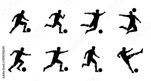 Soccer player silhouette collection, set of 8 football athlete icons, black vector silhouettes of men playing soccer, sports action poses