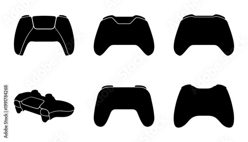 Video game controller silhouettes, set of 6 gaming gamepad icons, black joystick vector elements for esports and gaming UI design