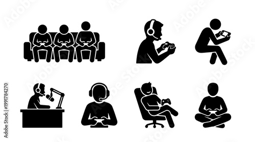 Gamer stick figure icons set, professional esports players and streamers silhouettes, people playing video games with controllers and headsets vector
