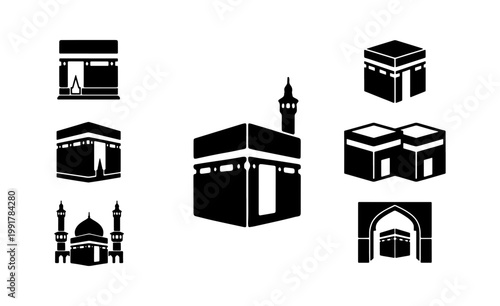 Islamic Kaaba icons set, black silhouette Kaaba mosque vector illustrations, religious pilgrimage symbols for Hajj and Umrah, 7 flat graphic elements