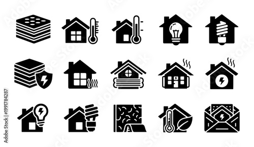 Fényképezés Energy efficient home insulation icons, 15 black solid vector symbols for therma
