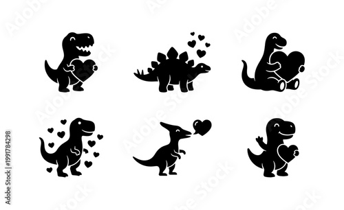 Cute dinosaur silhouette collection with hearts, set of 6 romantic prehistoric animal icons, black dino vector graphics for Valentine's Day