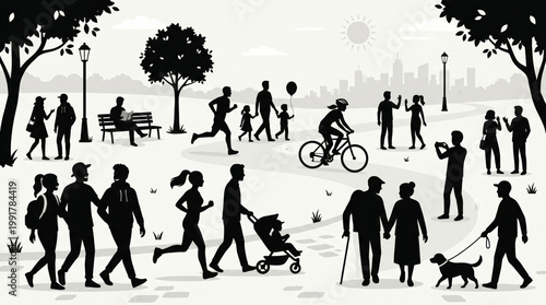 Black and white silhouette of people enjoying various activities in a park
