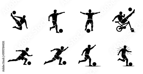 Soccer player silhouettes set, football athlete action poses collection, 8 black vector icons of men playing soccer with ball and bicycle kick