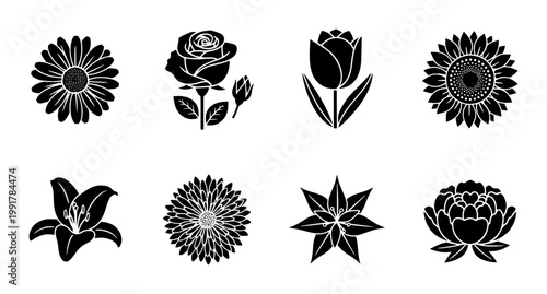 Black floral icons set, 8 botanical flower silhouettes, minimalist rose and tulip vector illustrations, decorative garden blossom symbols