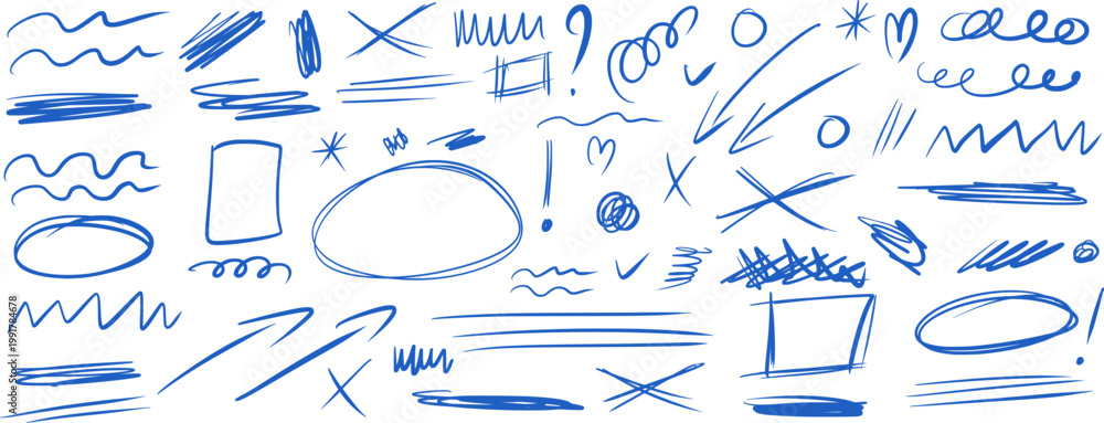 Naklejka premium Hand-drawn messy blue pen school doodles. Abstract scribbles, naive scratches set. Text highlight lines, circles, underlines and scrawl. Vector pencil brush scratches isolated collection.