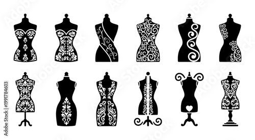 Vintage tailor mannequin silhouettes with floral lace patterns, set of 12 dressmaker dummy icons, elegant fashion boutique vector elements